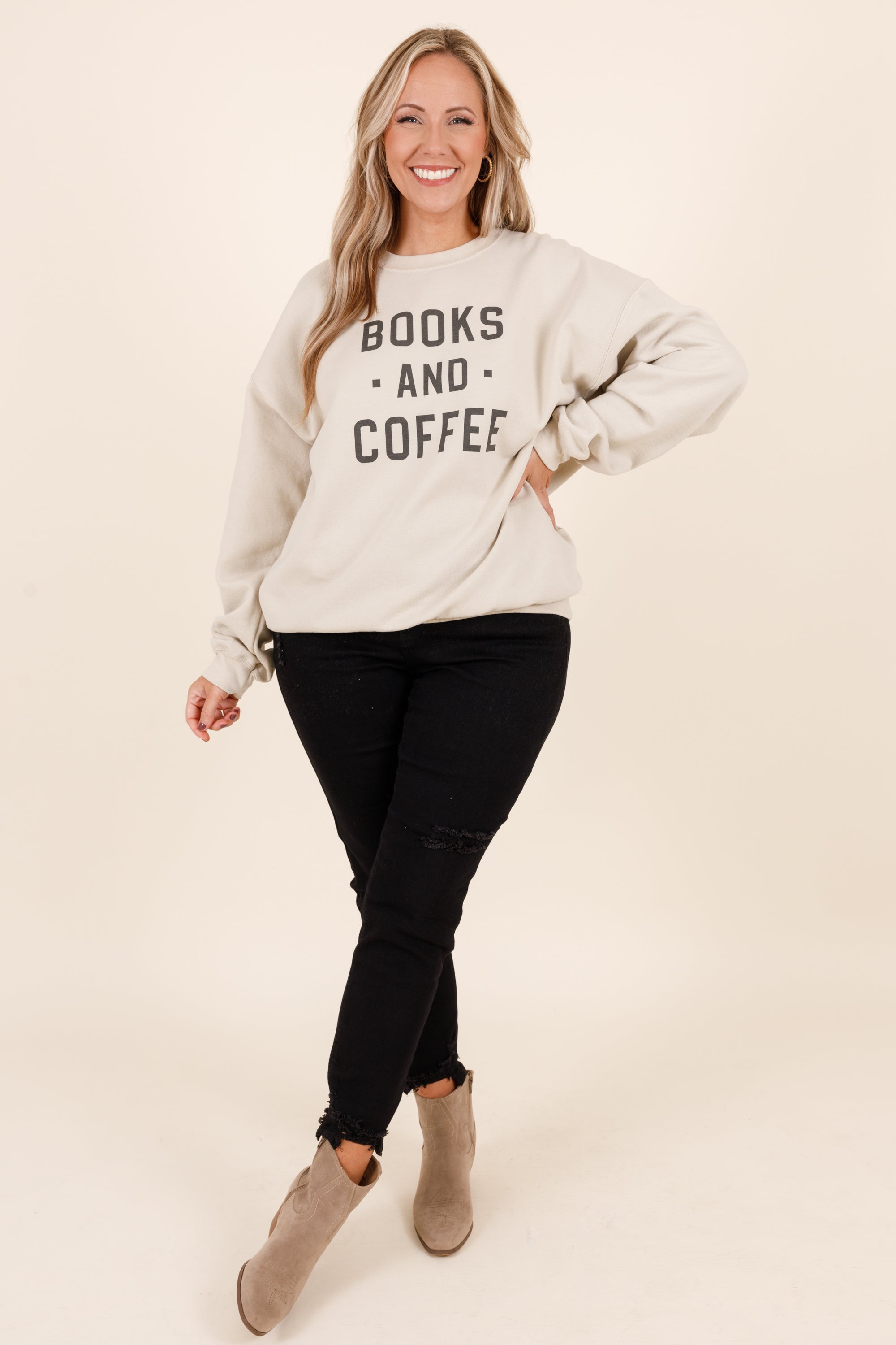 Books And Coffee Sweatshirt. Sand