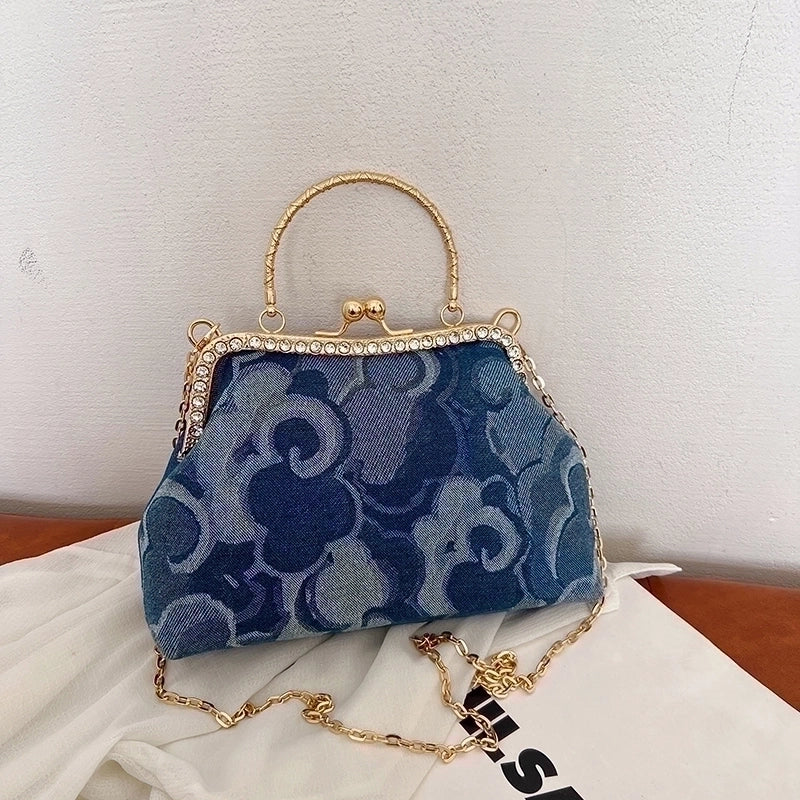 Women's Denim Flower Classic Style Sewing Thread Shell Clasp Frame Handbag