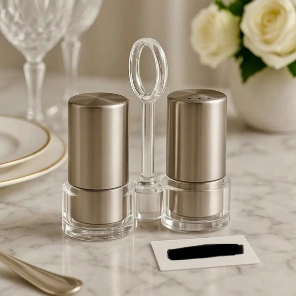 Stainless Steel Salt and Pepper Shakers With Acrylic Stand