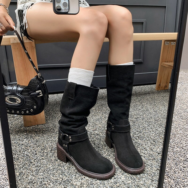 Vintage Satin Slouchy Mid Calf Boots with Buckle Detail Brown/Black