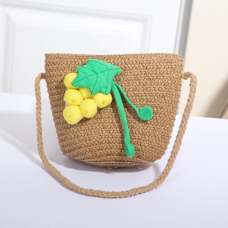 Women's Mini Straw Flower Bow Knot Fashion Bucket Zipper Shoulder Bag Handbag Crossbody Bag