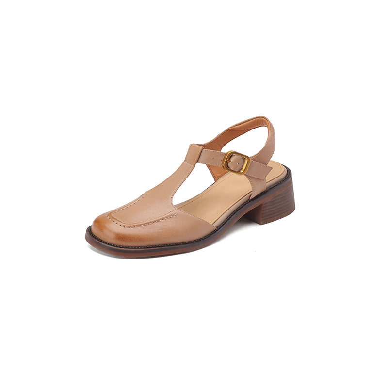 Handmade Leather Square Toe Closed-Toe T-Strap Slingback Sandals for Summer in Beige Apricot/Coconut Brown