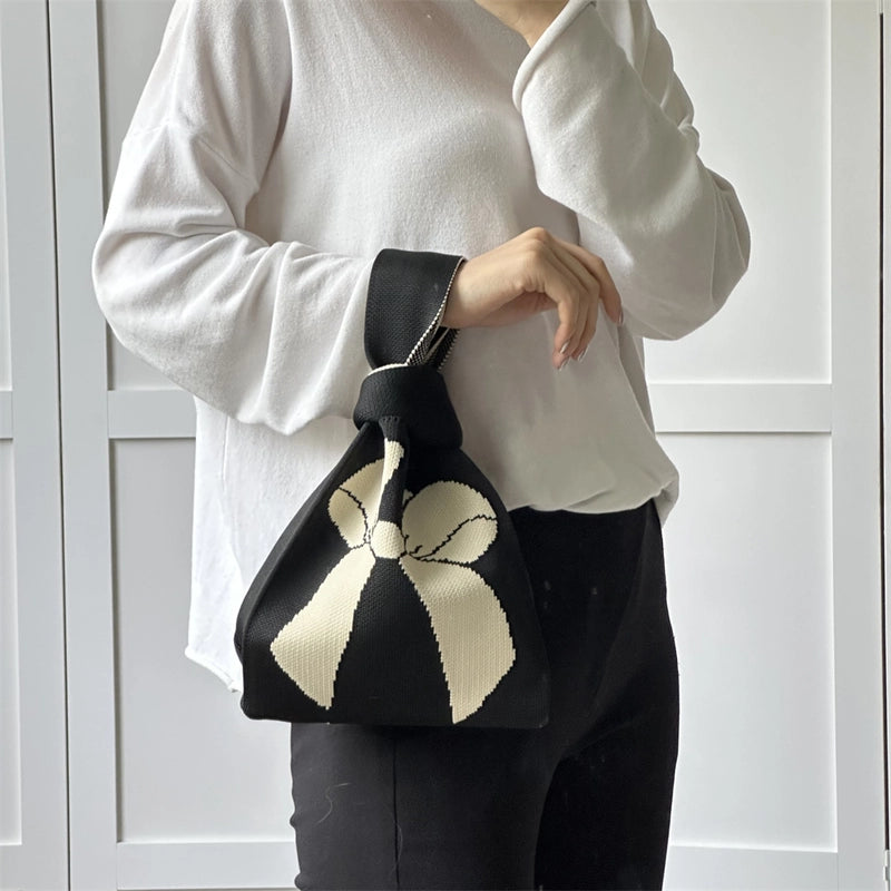 Women's Small Knit Printing Lattice Flower Elegant Classic Style Square Open Handbag