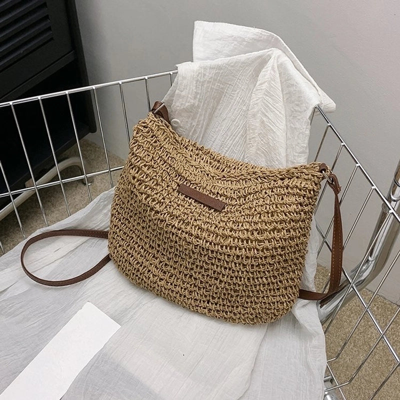 Women's Straw Solid Color Basic Vacation Square Zipper Shoulder Bag Beach Bag Straw Bag