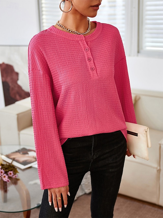 Women's Blouse Solid Color Button Daily Stylish Long Sleeve Crew Neck Rose Pink Spring Fall