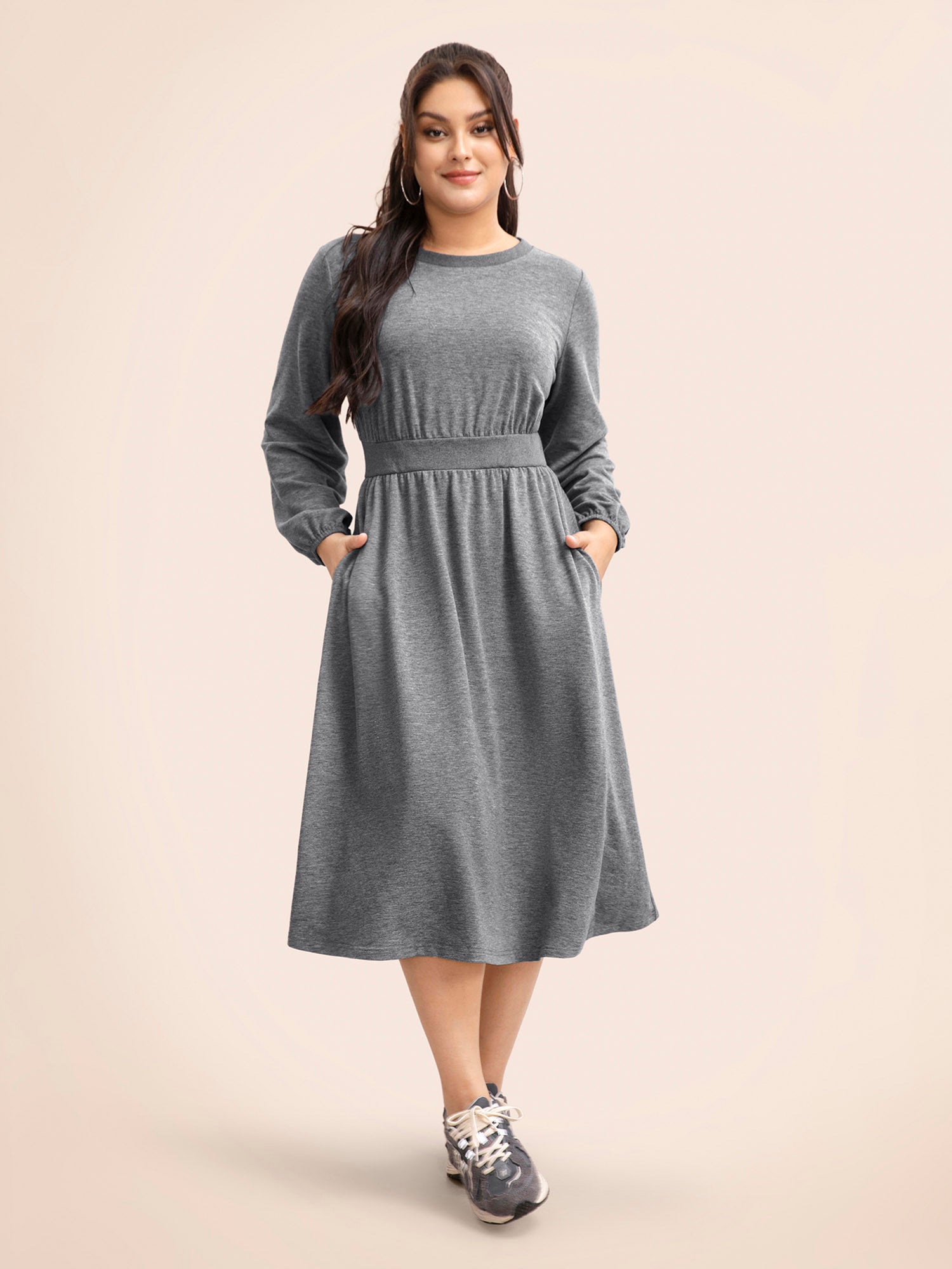 Crew Neck Elastic Waist Midi Dress