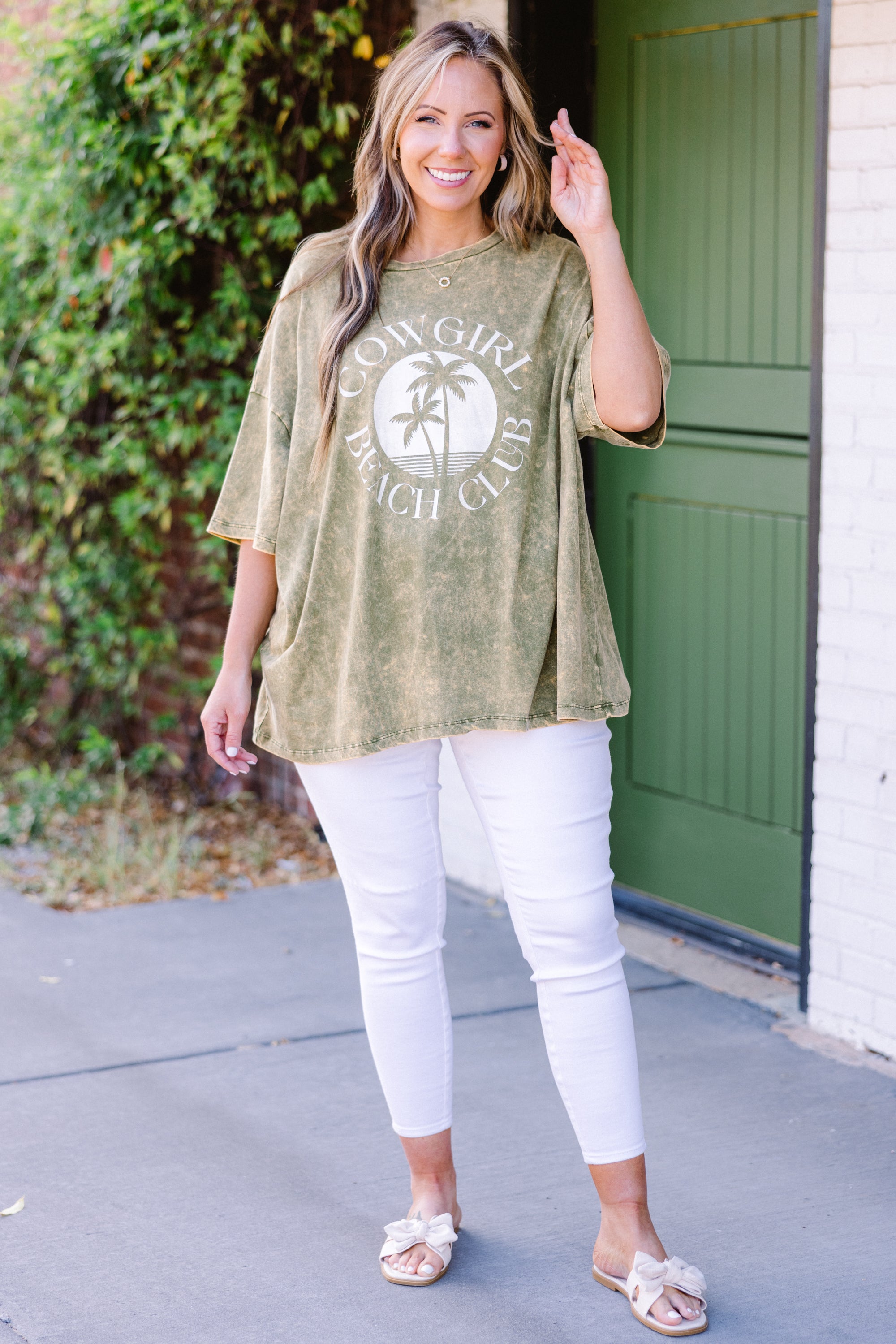 Cowgirl Club Acid Wash Boyfriend Tee. Golden Olive