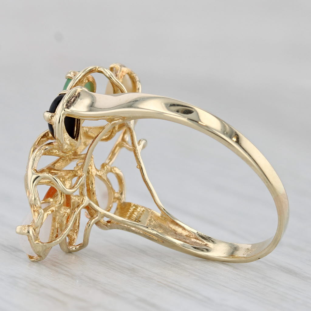 Multicolor Jadeite Jade Ring 14k Yellow Gold Pear Cabochons Size 7.75