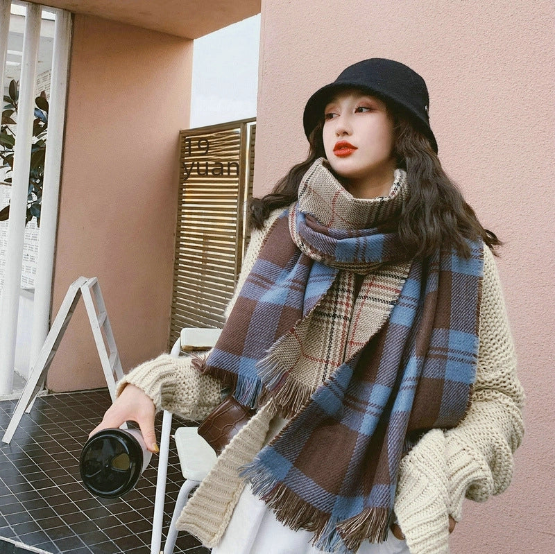 Dongdaemun New Plaid Scarf Autumn And Winter Good Wear Warm Cashmere Double-Sided Shawl College Style Women's Shawl Women
