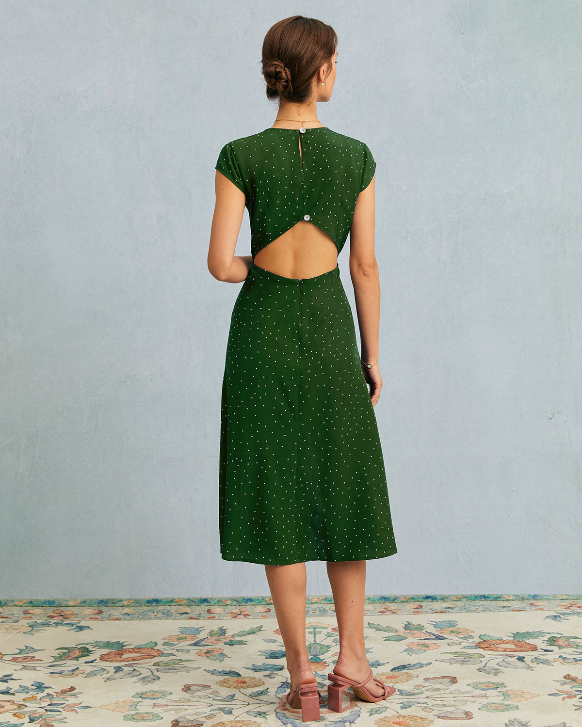 The Green Round Neck Polka Dot Cutout Midi Dress