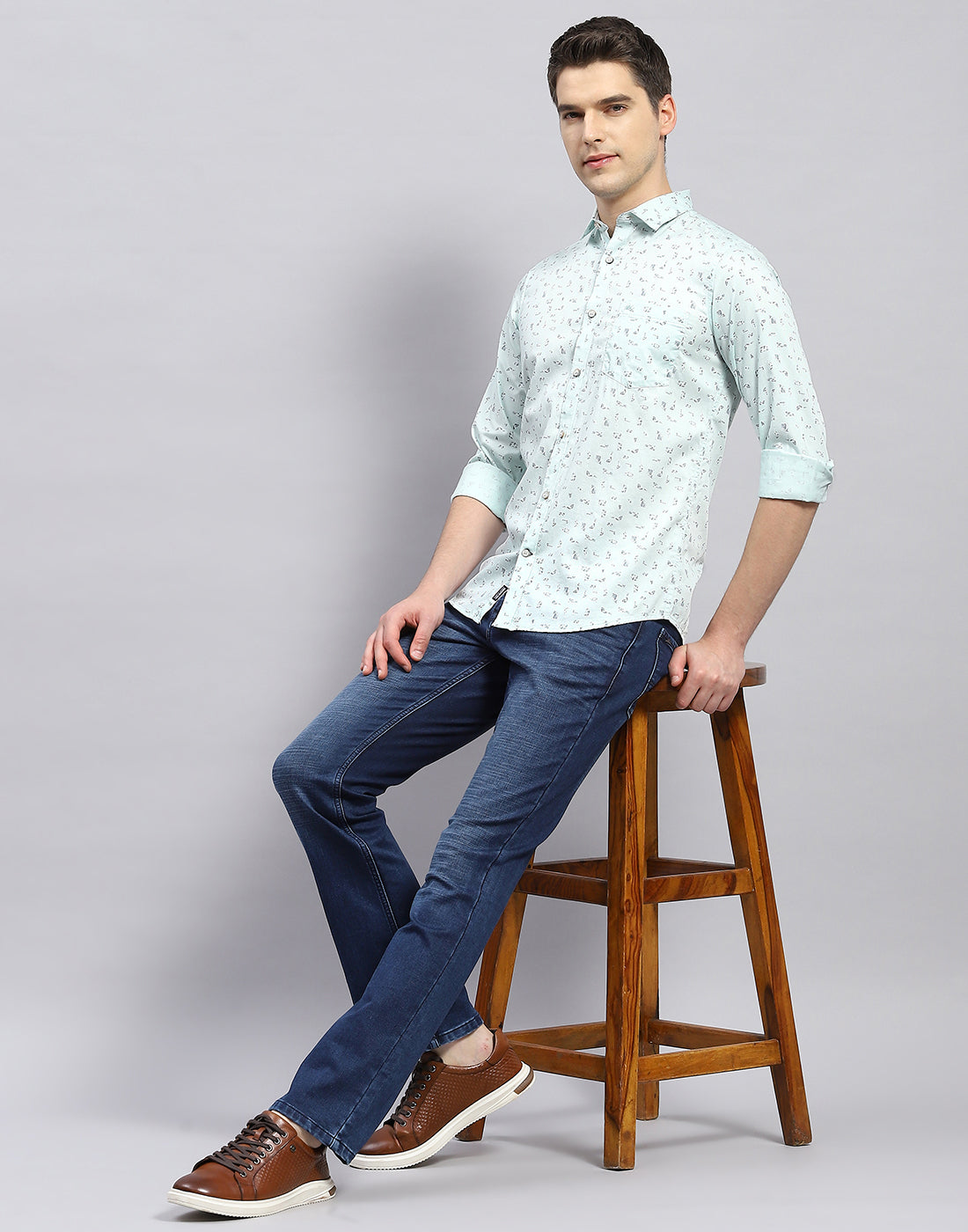 Men Sea Green Printed Collar Full Sleeve Shirt