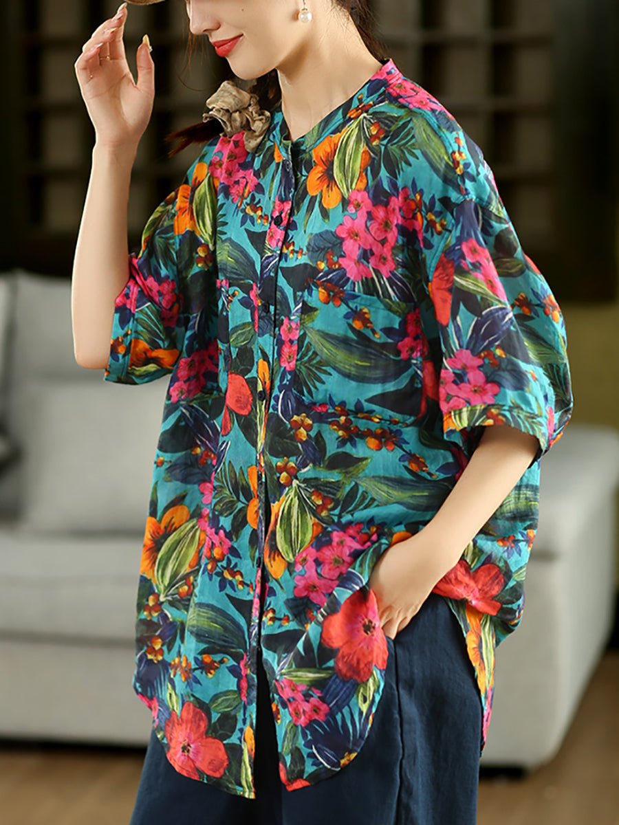 Women Summer Artsy Flower Turn-down Collar 100%Raime Shirt