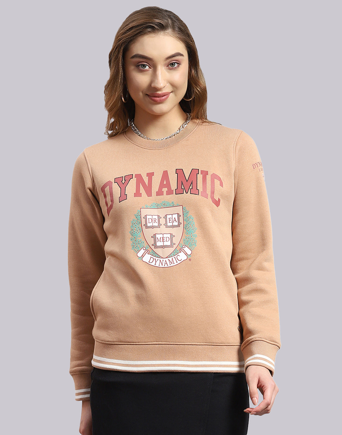 Women Beige Printed Round Neck Full Sleeve Sweatshirt