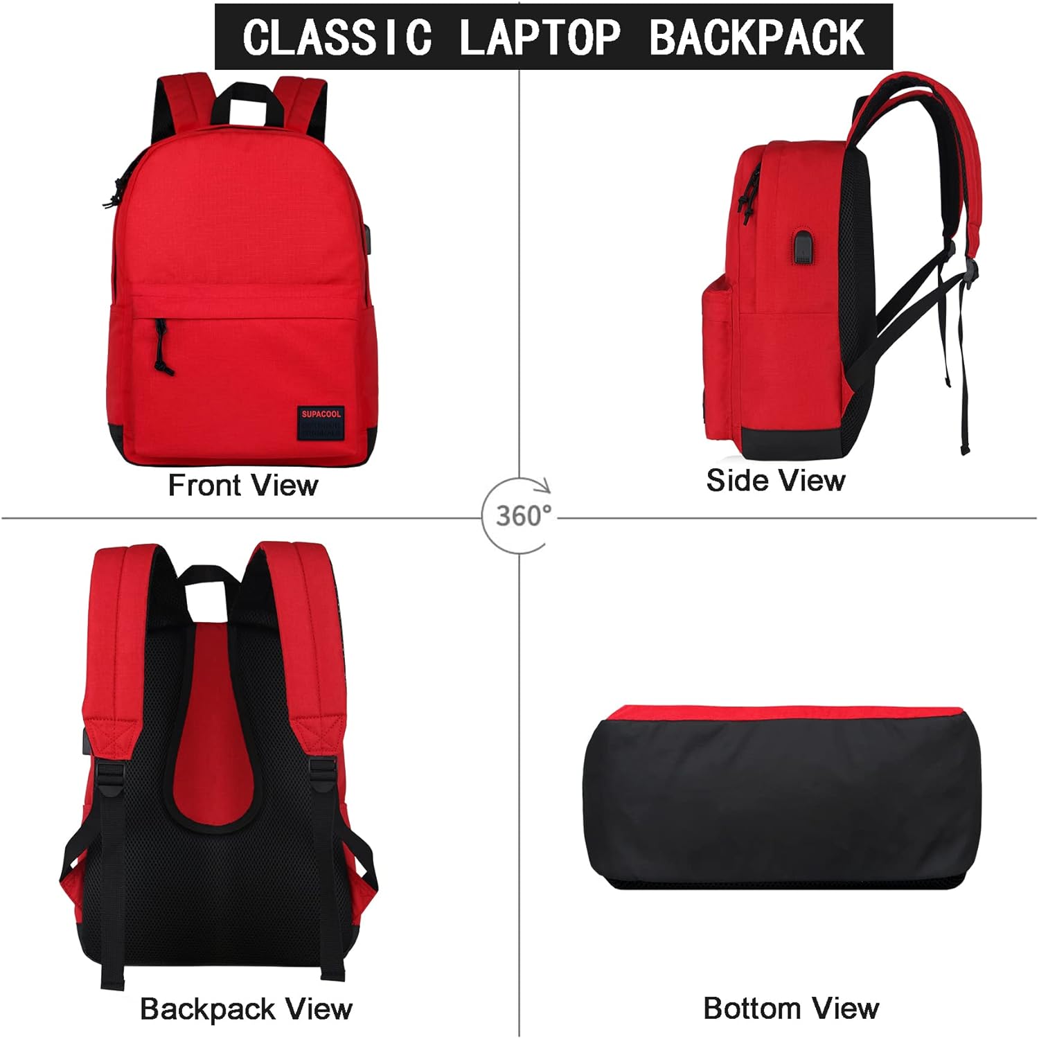 SUPACOOL Casual Laptop Backpack for Men and Women, School Backpack for Boys and Girls, College Bookbag, USB Charging Port, Lightweight Back Pack(Black)