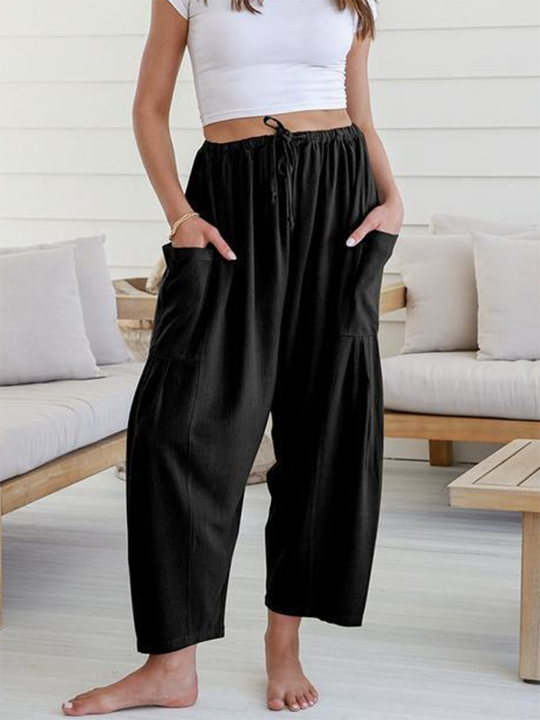 Column Loose Elasticity Pockets Solid Color Casual Pants Bottoms Trousers