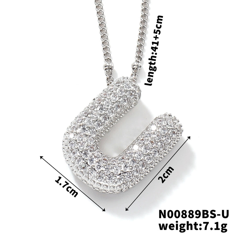 304 Stainless Steel Copper Rhodium Plated Three-dimensional Inlay Letter Zircon Pendant Necklace