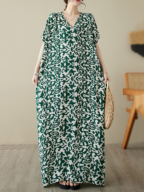 Batwing Sleeves Loose Floral Printed V-Neck Maxi Dresses