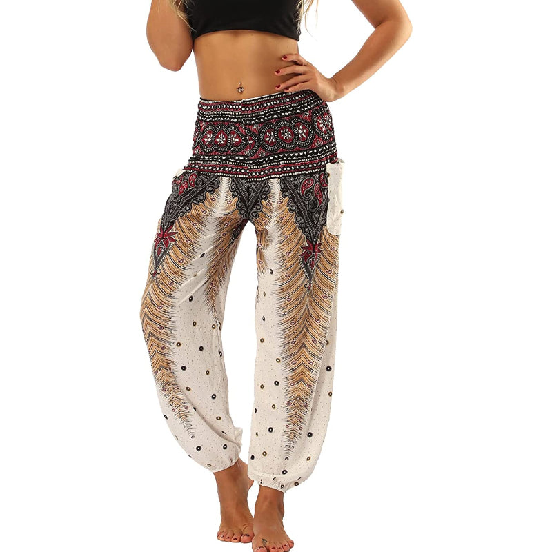 Women's Boho Pants Harem Smocked Waist Yoga Hippie Palazzo Summer Beach Pants