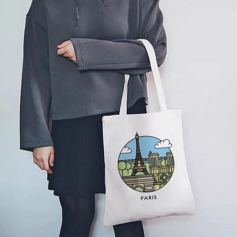 Women's Large Canvas Letter Building Streetwear Square Open Shoulder Bag