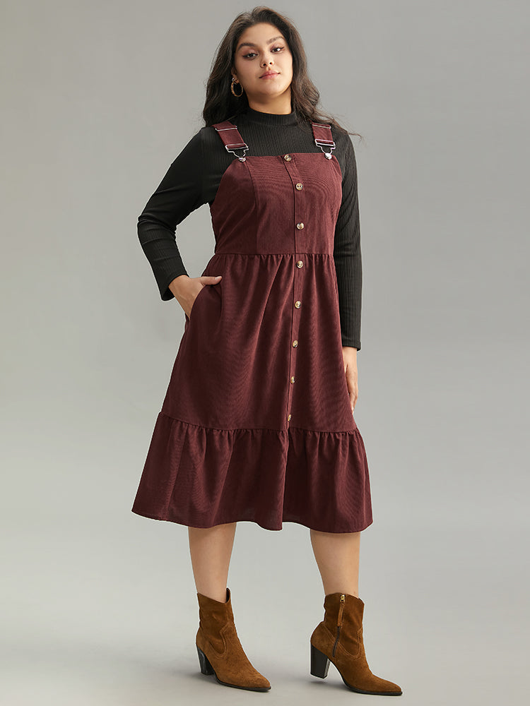 Corduroy Button Detail Ruffles Adjustable Straps Dress