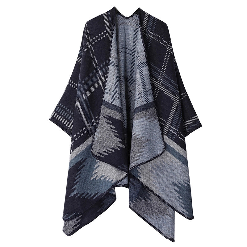 Winter Cashmere Double-sided Plaid Shawl Women's Outer Cape Increased Thickness Warm Knitted Scarf Spot