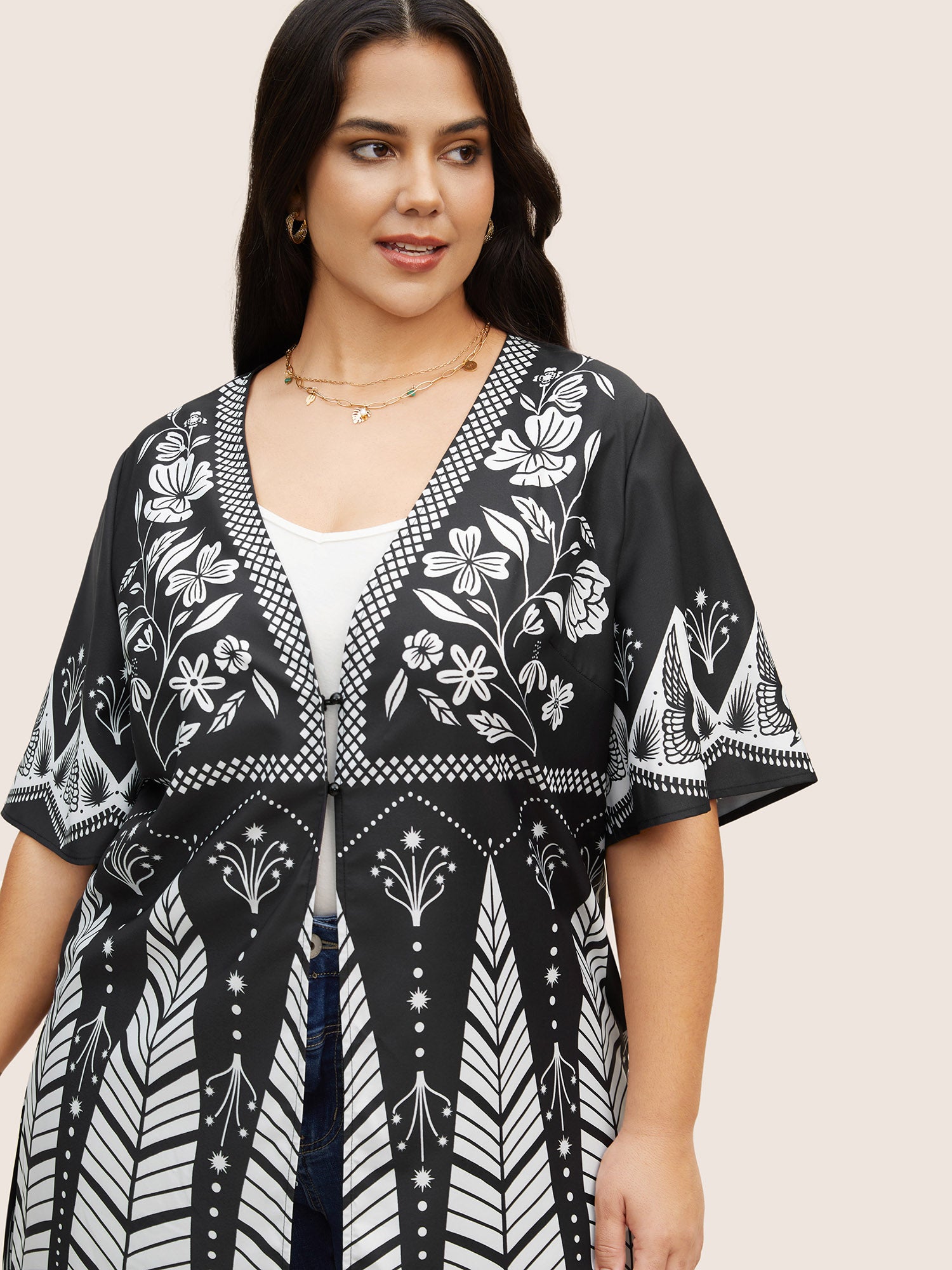 Boho Print Button Up Split Hem Kimono