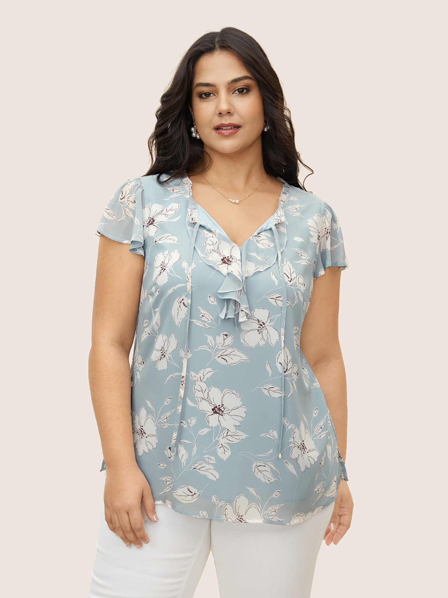 Floral Frill Trim Tie Knot Ruffles Blouse