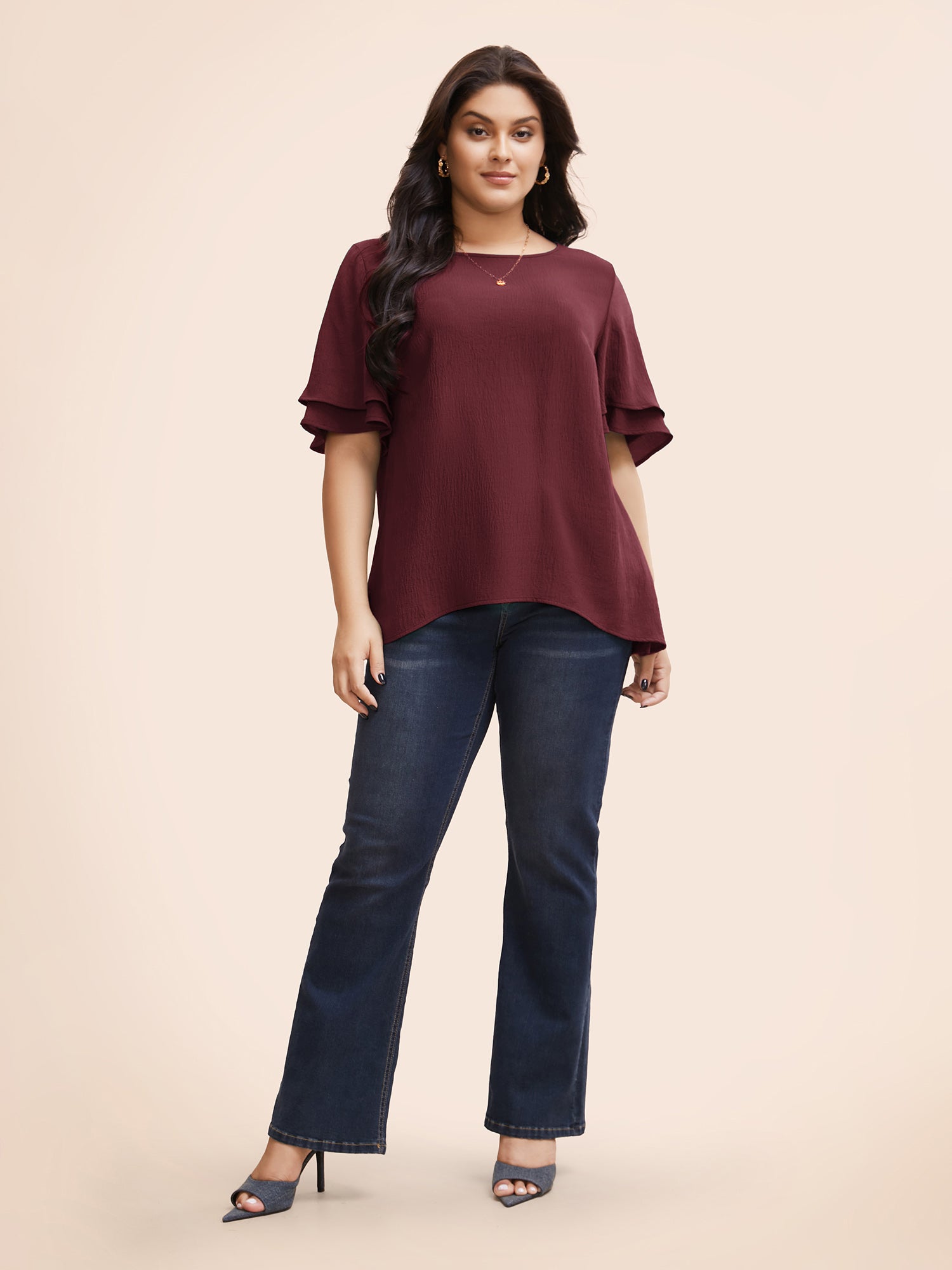 Solid Tiered Ruffles Split Hem Blouse