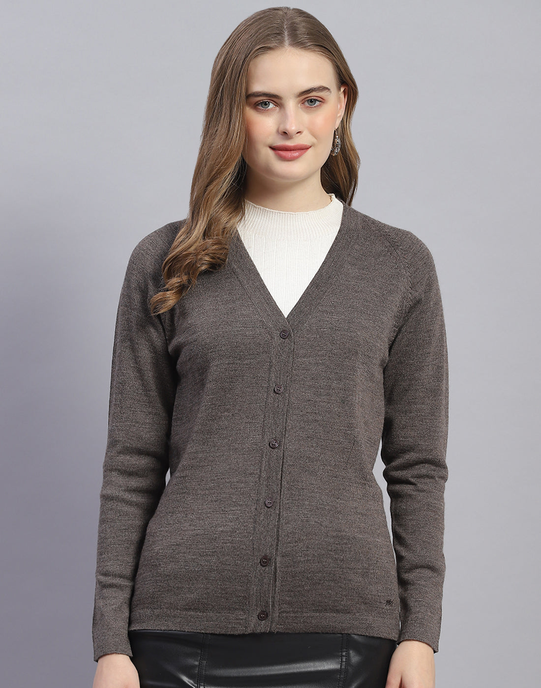 Women Grey Solid V Neck Full Sleeve Cardigan