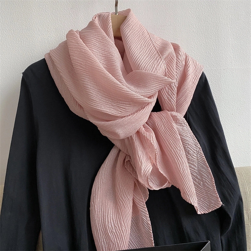 Heavy Bright Silk New Pleated Texture Scarf Women's Autumn And Winter All-Matching Long Solid Color Shawl Dual-Use