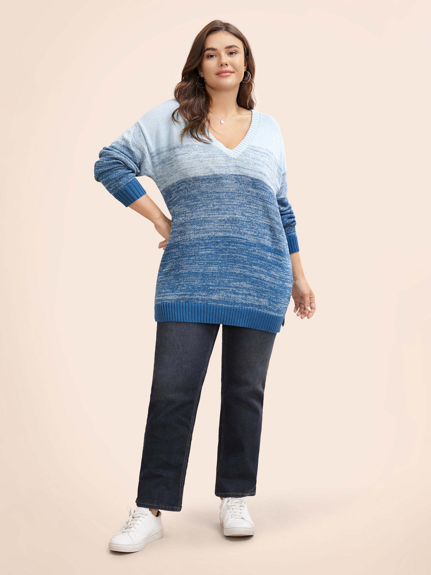 Cotton V Neck Ombre Split Hem Pullover