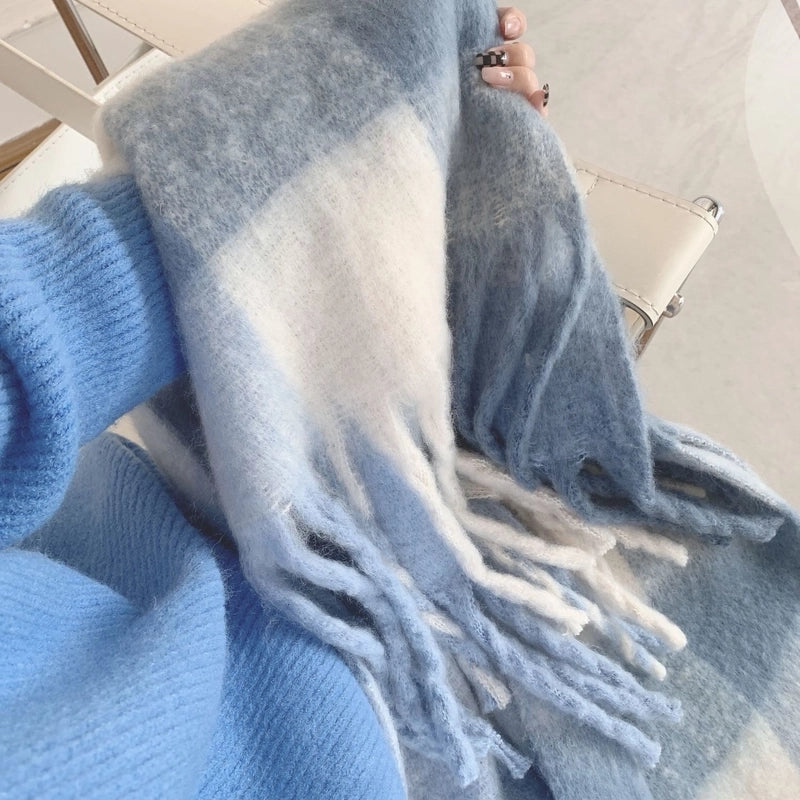 Mohair Plaid Scarf Women's Winter  Versatile Tassel Student Long Thickened Warm Scarf Large Shawl Fashion