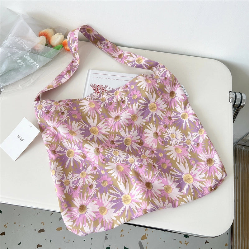 Women's Medium Canvas Flower Basic Classic Style Square Open Canvas Bag