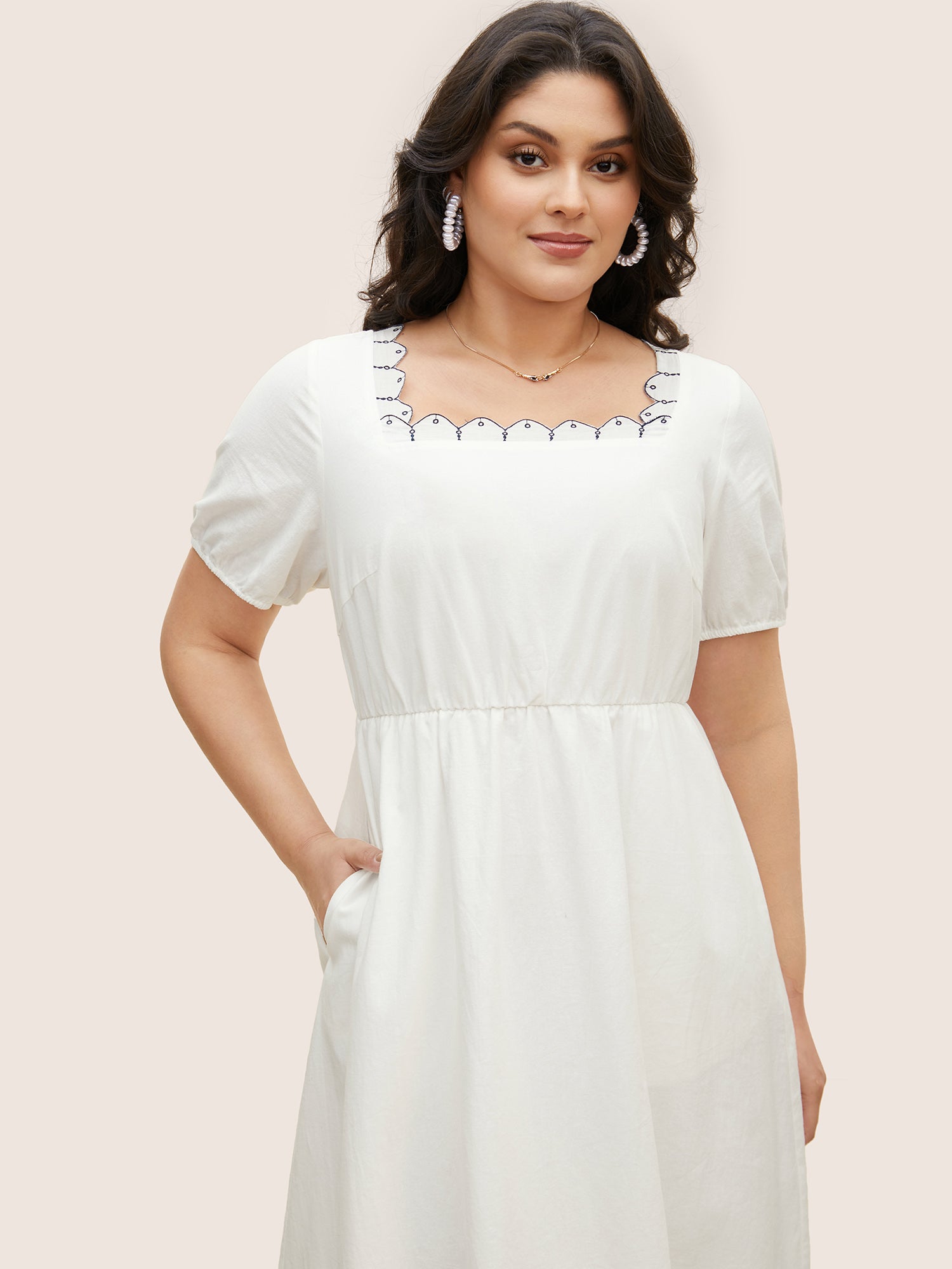 Cotton Lace collar Lantern Sleeve Midi Dress