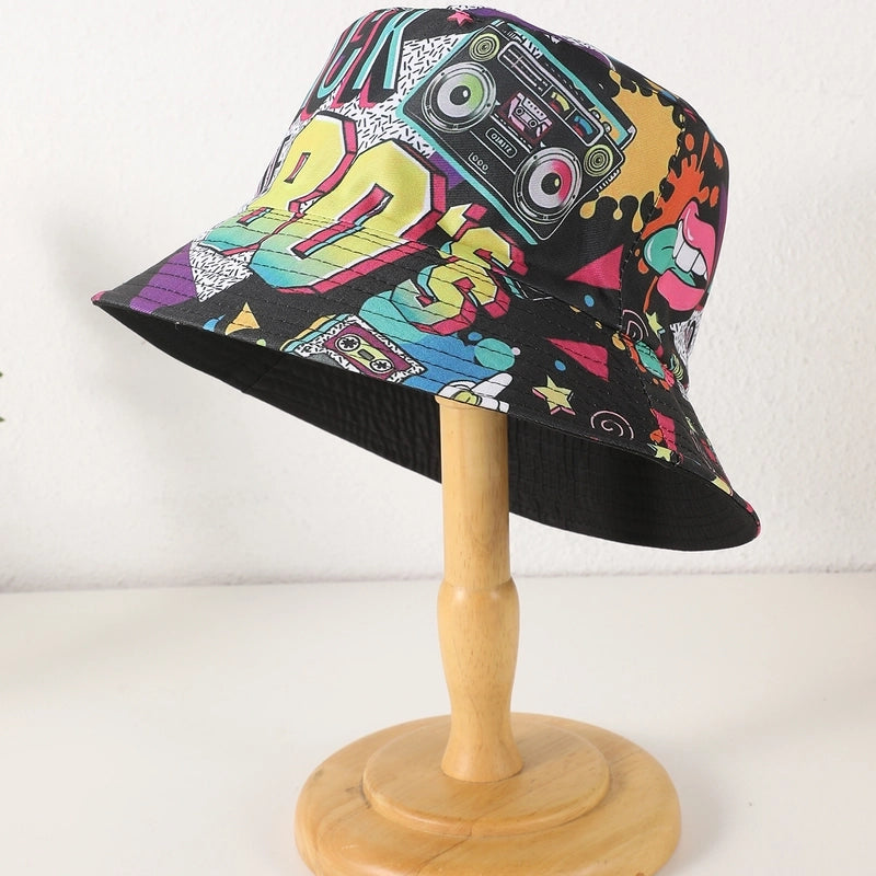 Unisex Casual Retro Artistic Letter Color Block Printing Curved Eaves Bucket Hat