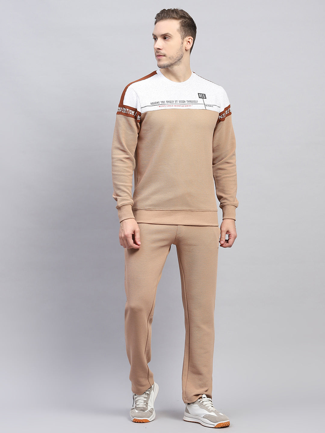 Men Beige Printed Round Neck Full Sleeve Winter Tracksuit