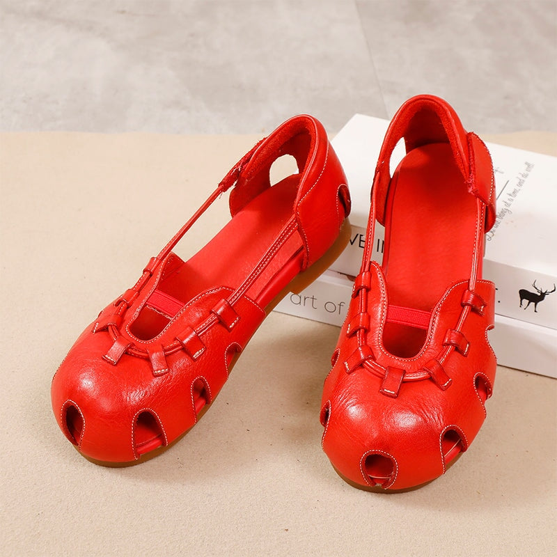Breathable Fashion Design Round Toe Hollow-Out Leather Sandals with Velcro Strap in Red/Black