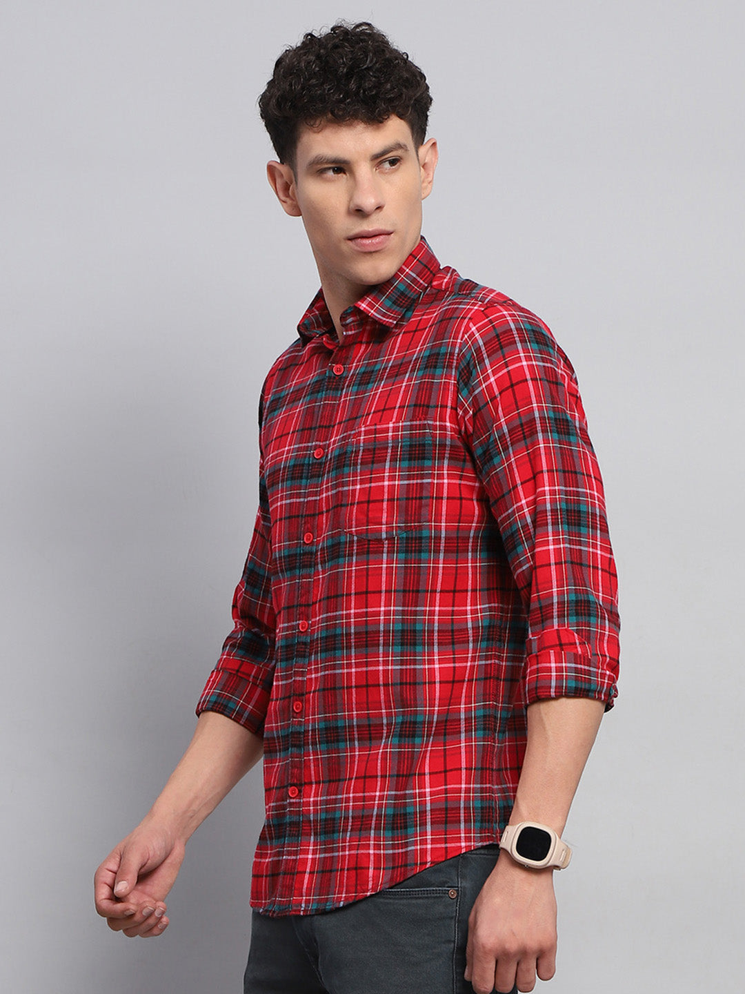 Men Red Check Collar Full Sleeve Shirt