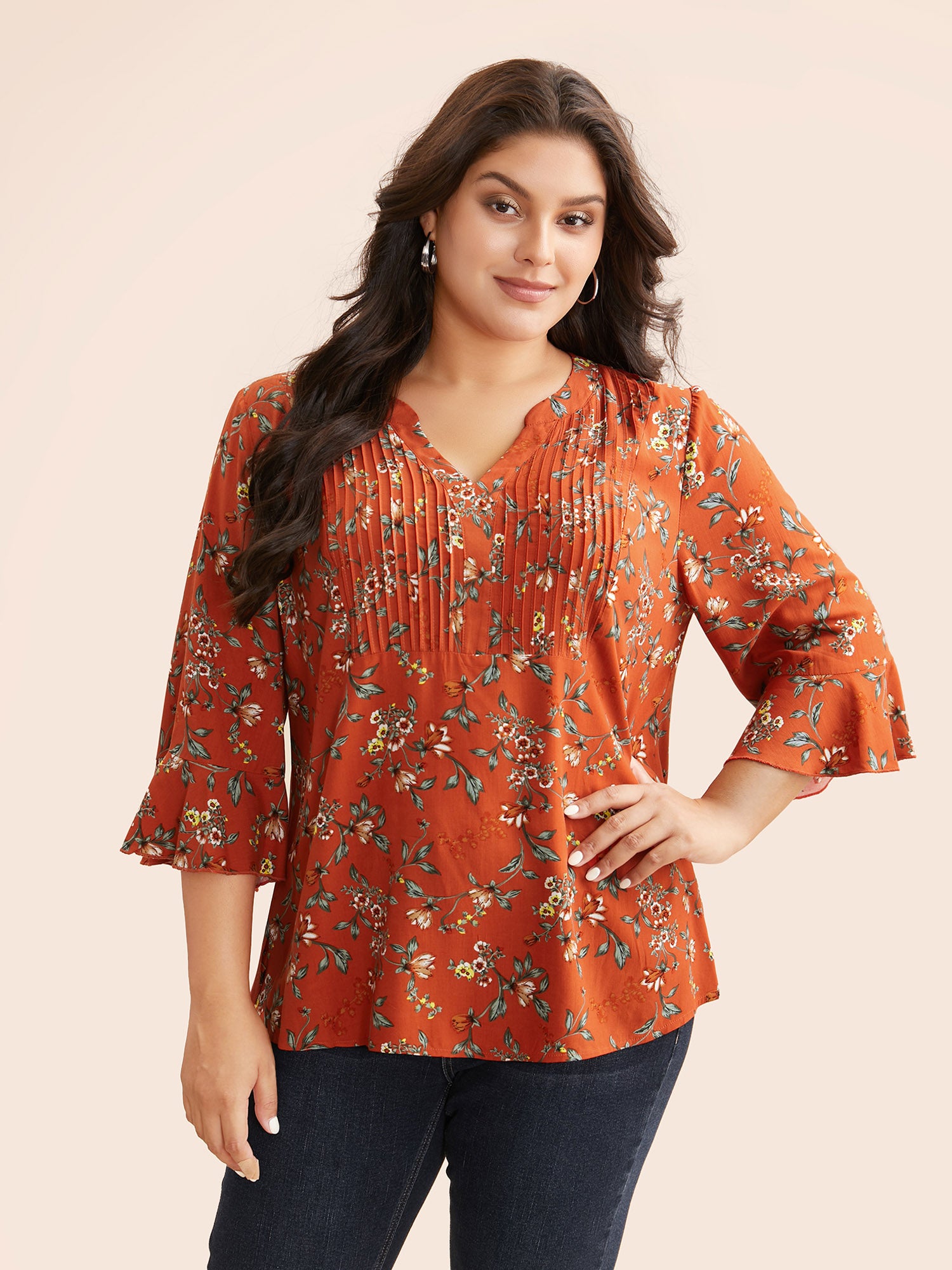 Ditsy Floral Pleated Flutter Sleeve Blouse