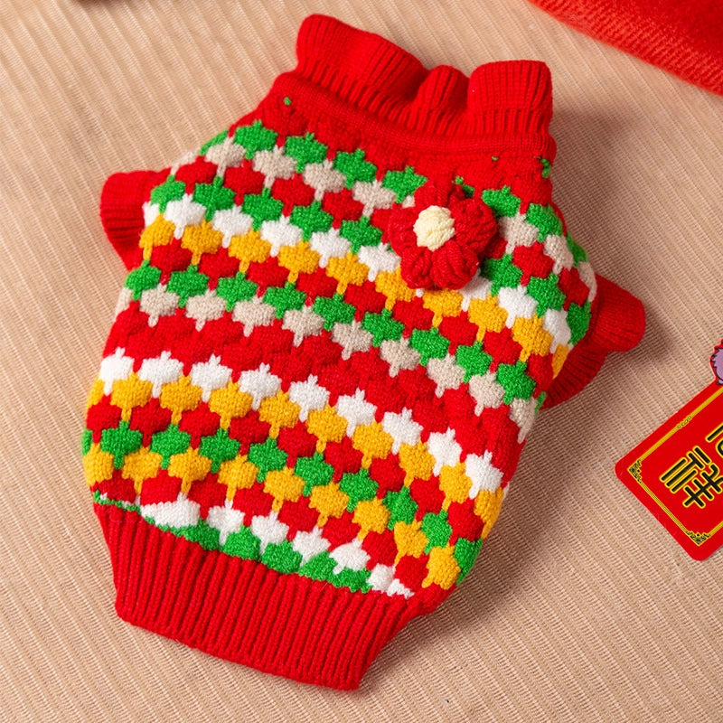 Cute Core Spun Yarn Christmas Color Block Pet Clothing