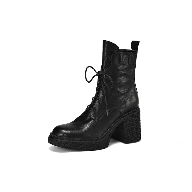 Retro 80mm Chunky Block Heel Lace-Up Combat Boots with Side Zipper Brown/Black