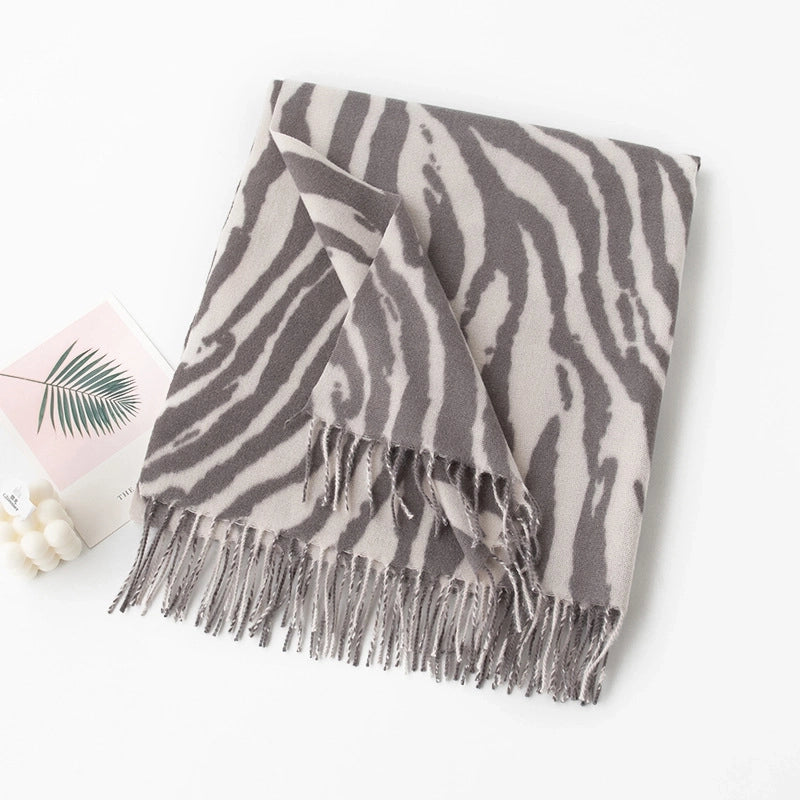 Scarf Women's Winter New Silver Gray Animal Pattern Shawl Dual-use Double-sided Thickened Tassel Warm Scarf