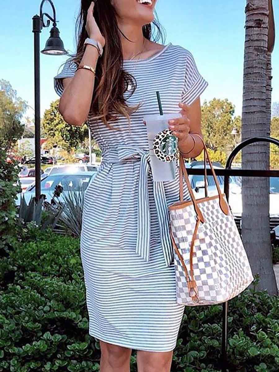 Short Sleeve Pinstripe Round Neck Casual Wear Dress