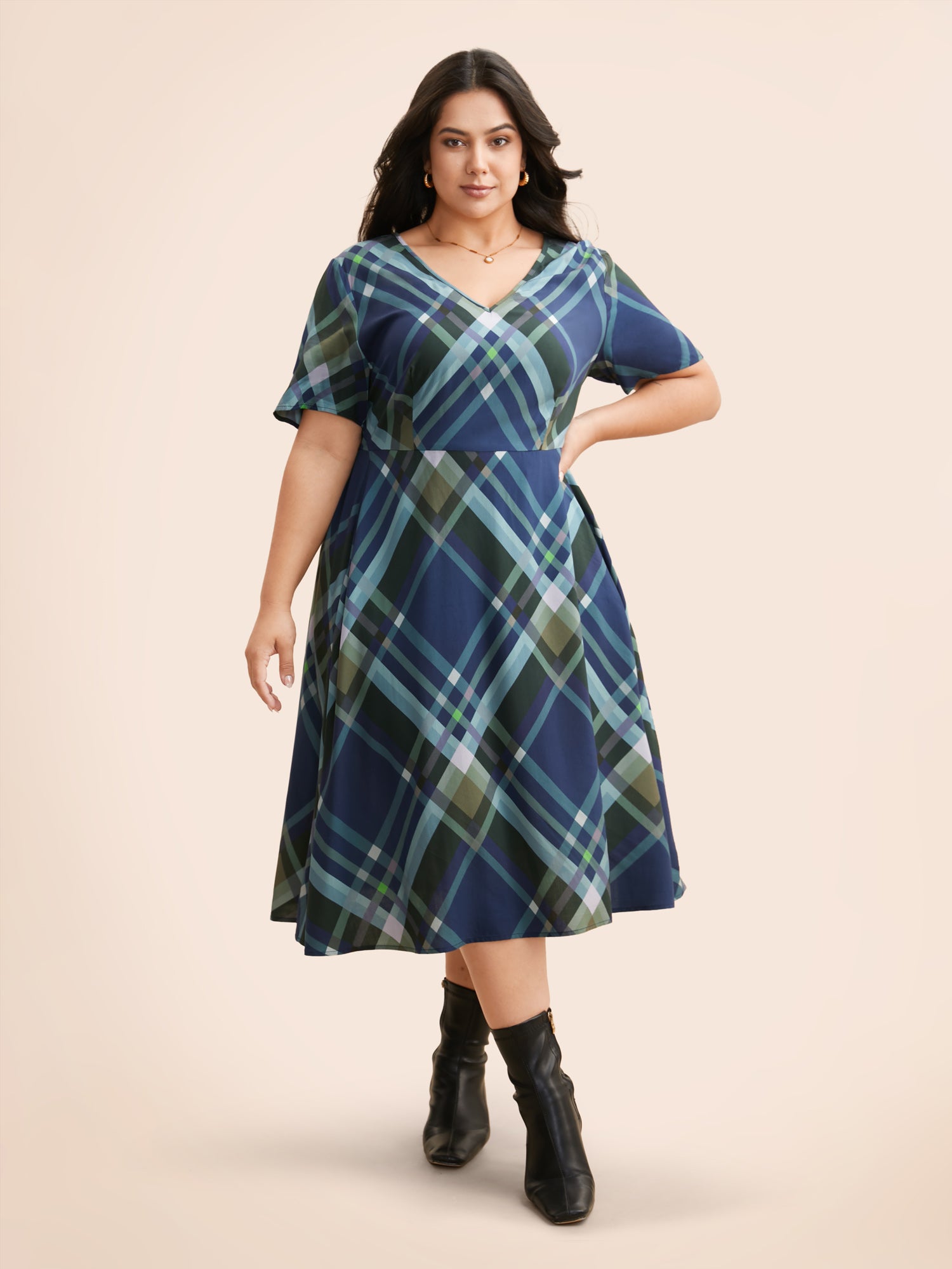 V Neck Plaid Ruffle Sleeve Dress