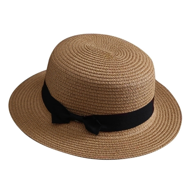 Straw Hat Female Summer British Retro Flat Top Beach Travel Hat