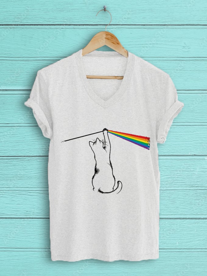 Women's Rainbow Black Cat Print V-Neck T-Shirt
