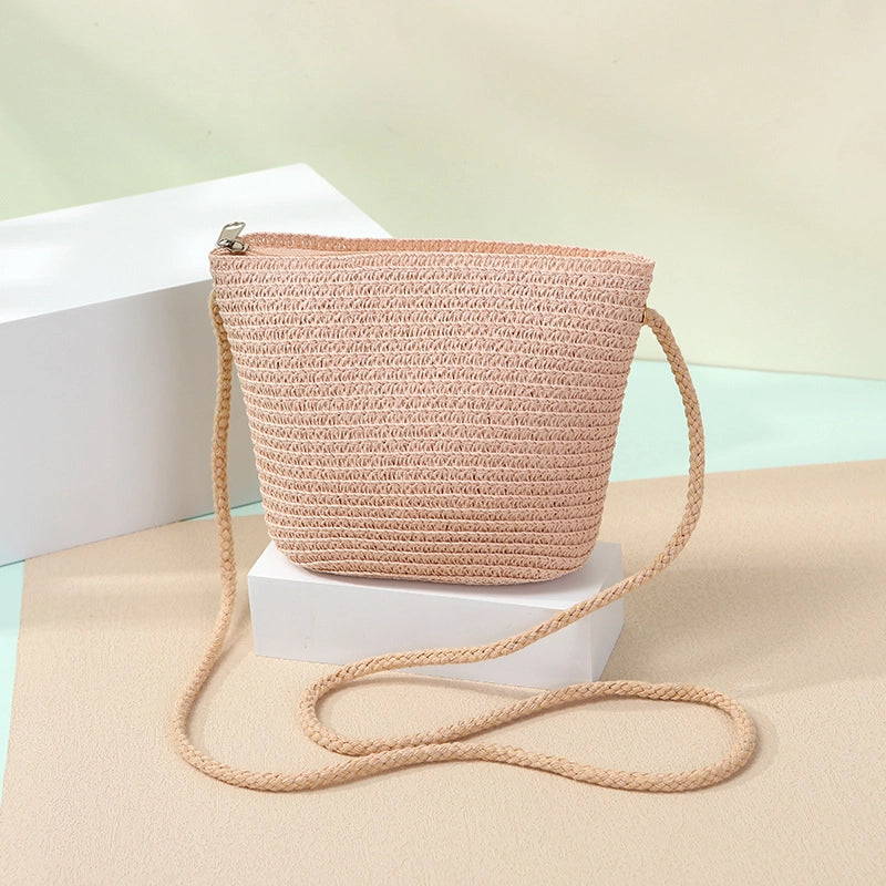 Women's Straw Solid Color Beach Weave Square Zipper Flip Cover Straw Bag