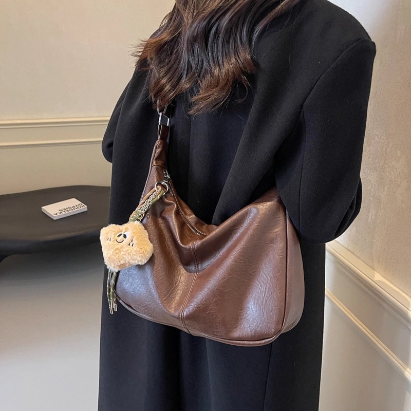 Women's Large PU Solid Color Elegant Ethnic Style Sewing Thread Dumpling Shape Zipper Shoulder Bag