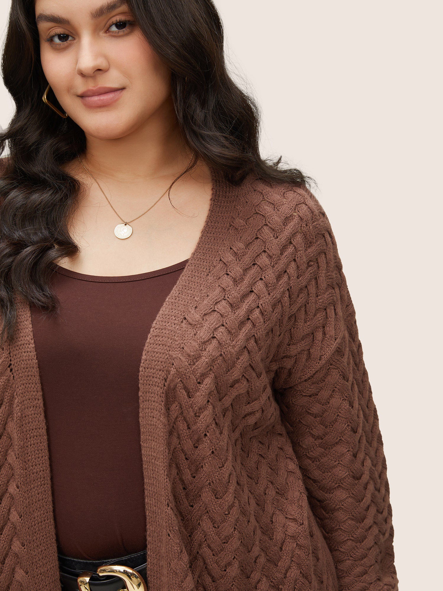 Solid Open Front Pocket Crochet Cardigan