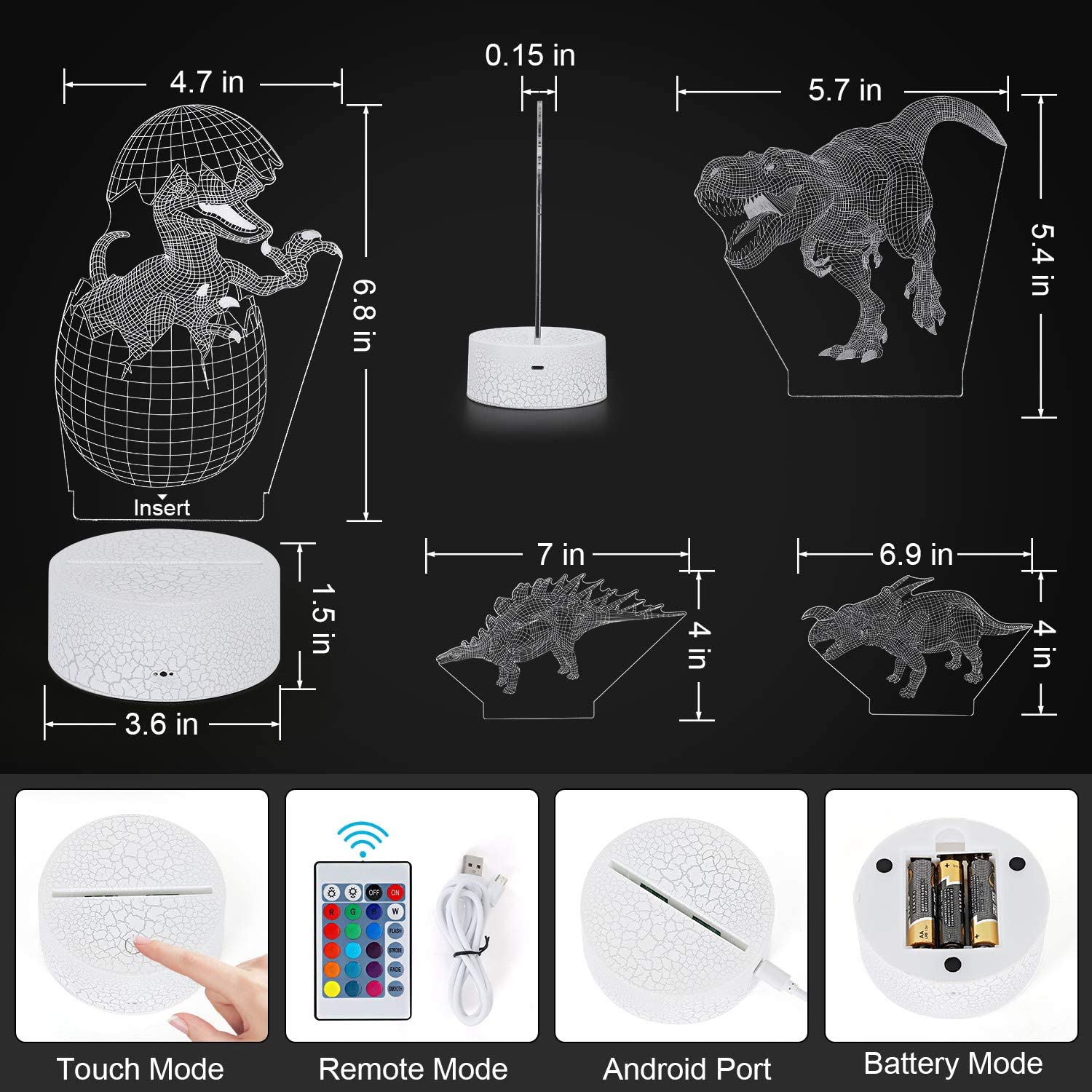 3D Dinosaur Night Light. 3D Illusion Lamp Nightlight 4-Pattern and 16-Colors with Remote Control. Best Birthday Christmas Toy Gifts for Boys Girls